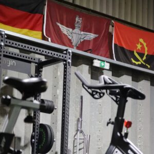 flags, weights, bike